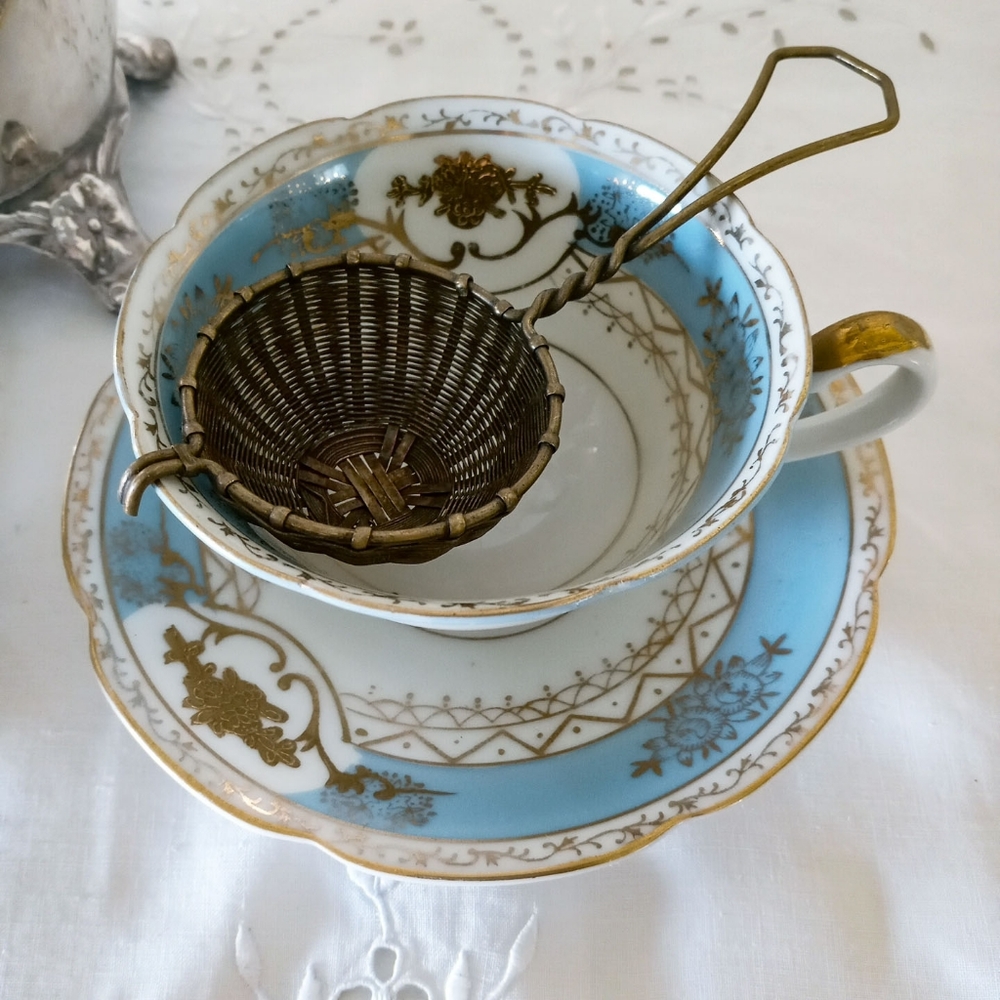 Vintage Blue Tea Cup &  Saucer with Tea Strainer
